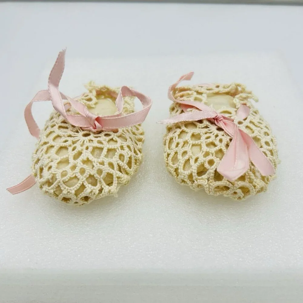 Vintage 1920's Ivory Crochet Baby Shoes Pink Satin Ribbon